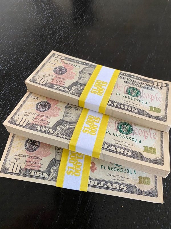 stacks of fake 10 dollars